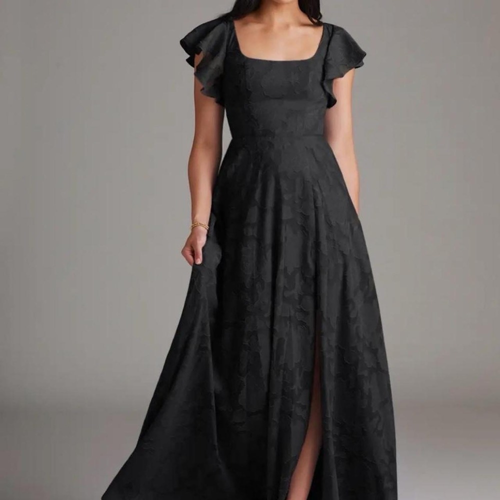 Azazie Bondi Black Floral Burnout Maxi Dress Goth Flutter Sleeve Bridesmaid Gown